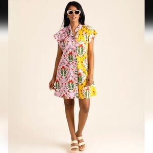 Alden Adair Margot Floral Bouquet Pink Yellow Mini Shirt Dress Size M